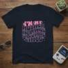 I'm My Mother Inlaw's Favorite Child quote in retro pink and blue neon font on a navy t-shirt, featuring peace
