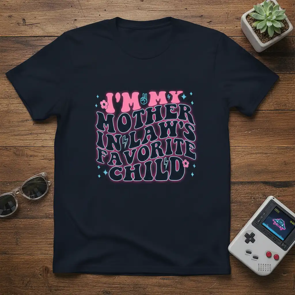 I'm My Mother Inlaw's Favorite Child retro neon quote design with flowers and peace signs on a navy tee