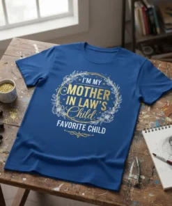 Blue t-shirt with gold and white text that reads "I'm My Mother In Law's Child Favorite Child" within a floral