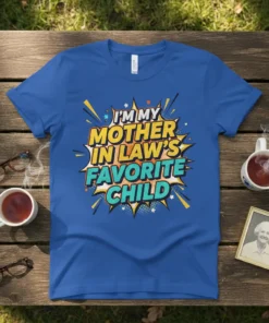 Bold comic-style text "I'M MY MOTHER IN LAW'S FAVORITE CHILD" on a blue t-shirt design