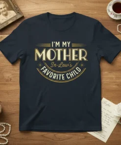 I'M MY MOTHER In-Law's FAVORITE CHILD text in gold and white vintage style typography on a navy blue t-shirt