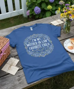 Blue t-shirt with "I'm My Mother-in-Law's Favorite Child" quote inside a floral wreath graphic