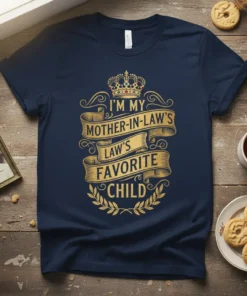 I'm My Mother-In-Law's Law's Favorite Child quote in gold ornate font on a navy t-shirt with crown graphic
