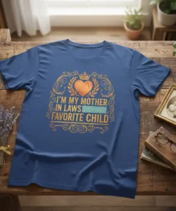 I'm My Mother In Laws Favorite Child text design with ornate gold border and heart graphic on a blue t-shirt
