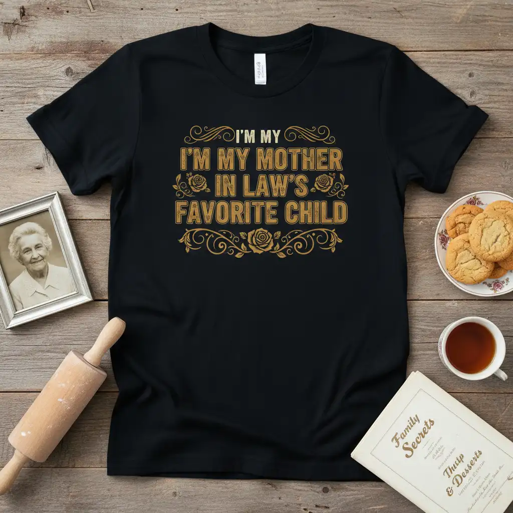 I'm My Mother In Law's Favorite Child quote in ornate gold lettering on a black t-shirt design
