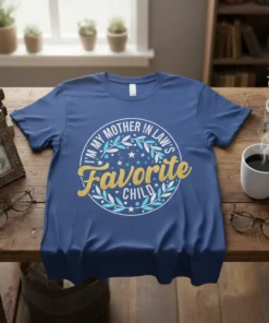 I'm My Mother In Law's Favorite Child quote on a blue t-shirt, featuring decorative wreath and glitter text