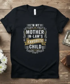 I'm My Mother In-Law's Favorite Child text design on a black t-shirt with decorative border and gold banner