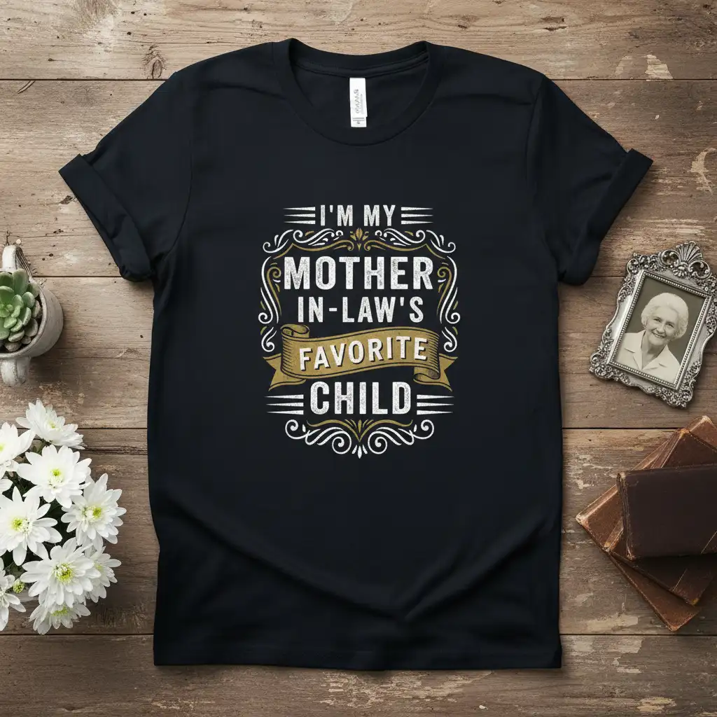 I'm My Mother In-Law's Favorite Child quote on a black t-shirt with decorative elements
