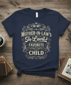 Navy blue t-shirt with "I'm My Mother-In-Law's In-Lavits Favorite Child" text in decorative gold and cream font