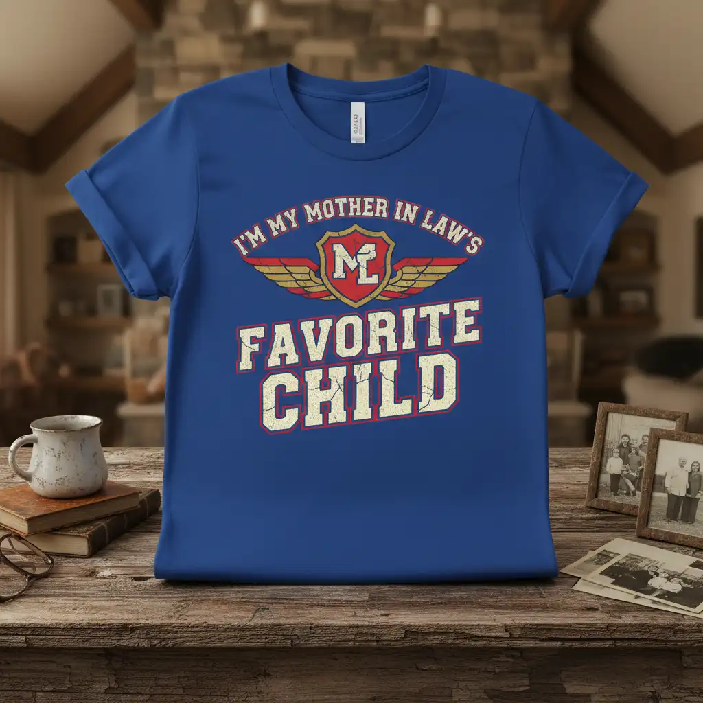 I'm My Mother In Law's Favorite Child humorous quote design with winged shield graphic