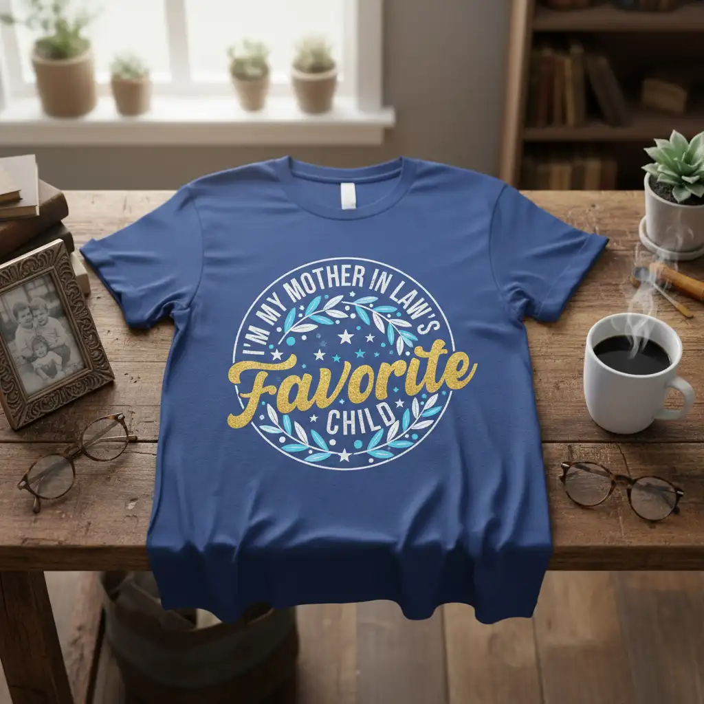 I'm My Mother In Law's Favorite Child humorous quote design with glitter accents and floral wreath graphic