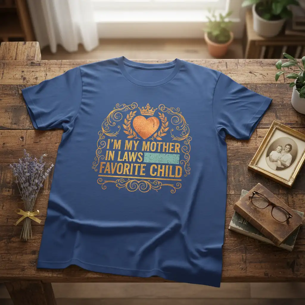 Humorous I'm My Mother In Laws Favorite Child quote with ornate gold frame and heart graphic