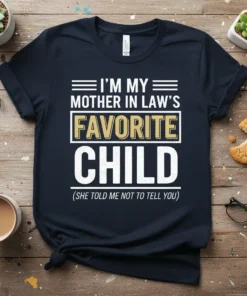 I'm My Mother In Law's Favorite Child quote on a navy t-shirt with white and gold text, funny family humor
