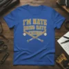 Blue t-shirt with yellow text "I'M NATE DOING NATE THINGS" and crossed baseball bats with baseballs