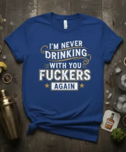 I'm Never Drinking With You Fuckers Again quote on a royal blue t-shirt with distressed white and gold lettering