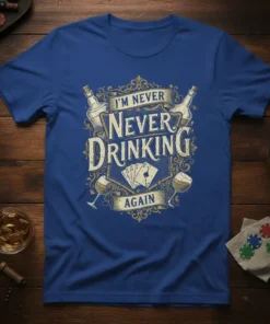 I'm Never Never Drinking Again quote on a blue t-shirt with vintage design elements, wine glasses, and playing cards
