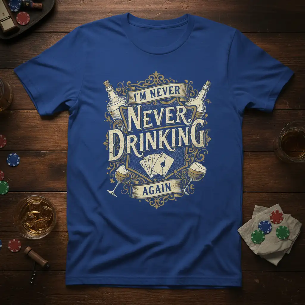 I'm Never Never Drinking Again humorous quote design with vintage flair, playing cards, and wine glasses on a blue tee