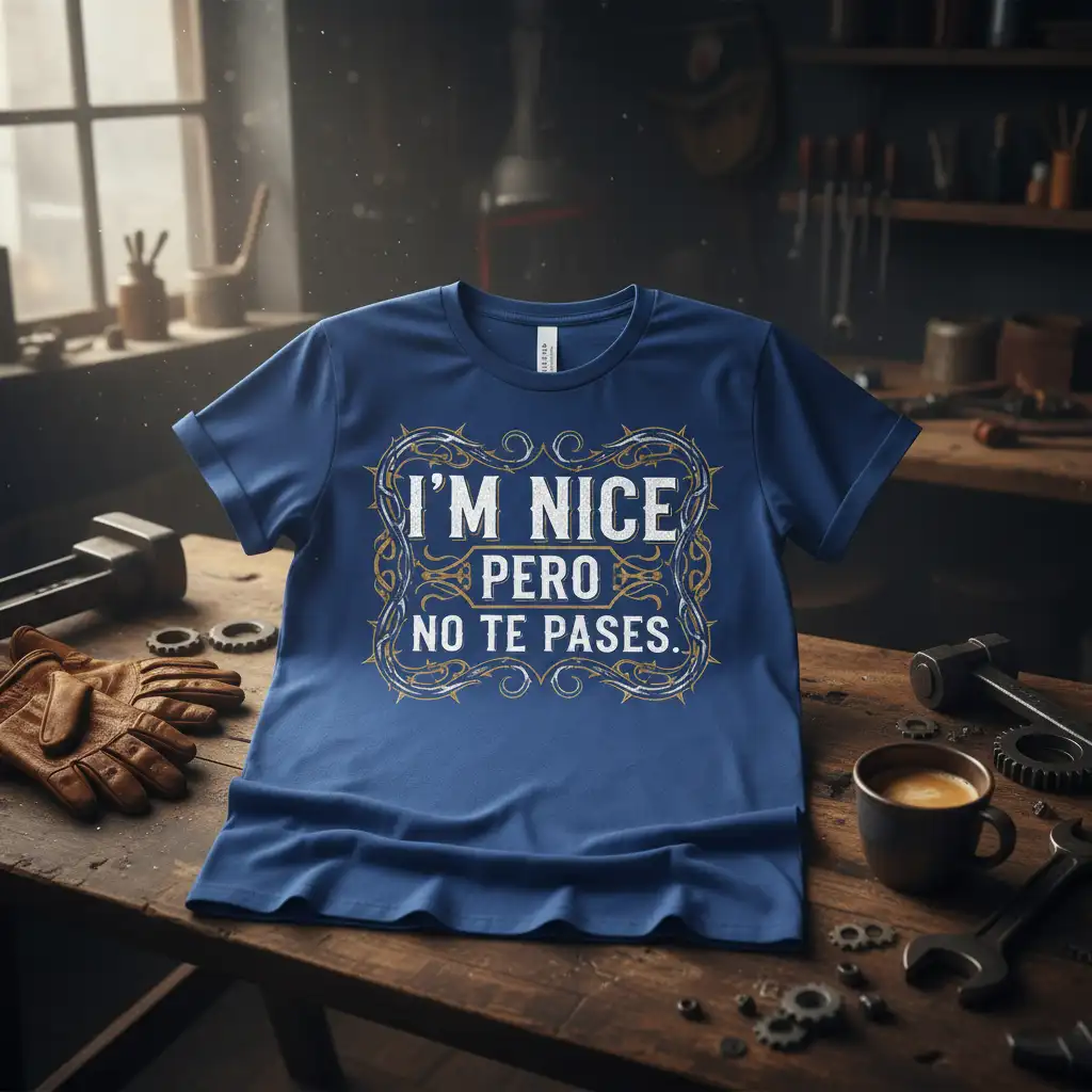 I'M NICE PERO NO TE PASES. bold typography printed on breathable fabric creating a standout t-shirt