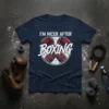 I'm Nicer After Boxing quote t-shirt with red boxing gloves graphic on navy tee