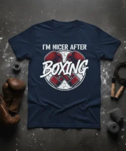 I'm Nicer After Boxing quote t-shirt with red boxing gloves graphic on navy tee