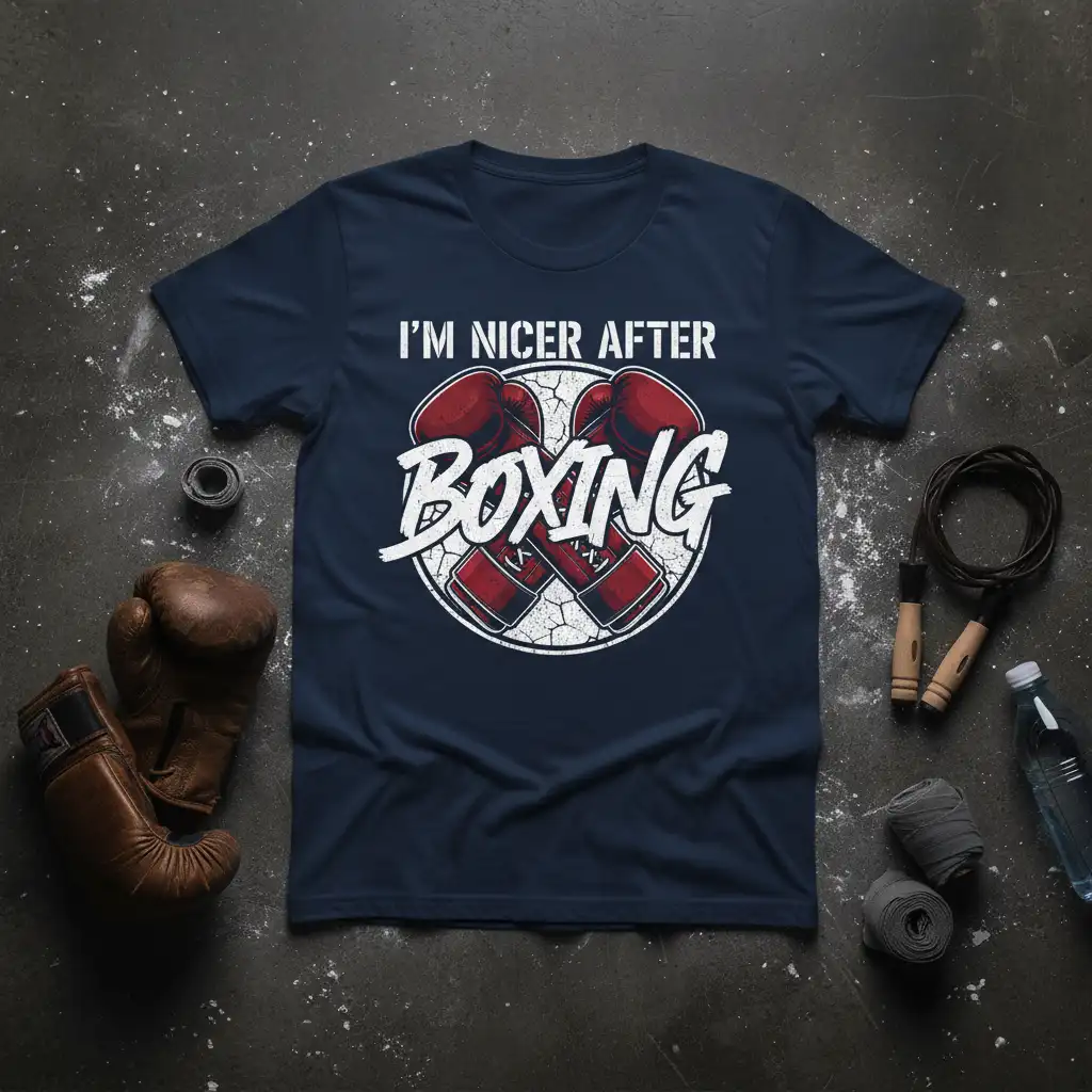 I'm Nicer After Boxing humorous quote with red boxing gloves graphic on a navy blue t-shirt