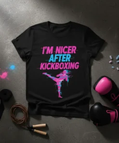 Black t-shirt with "I'm Nicer After Kickboxing" text in pink and blue, featuring a dynamic kickboxer silhouette graphic
