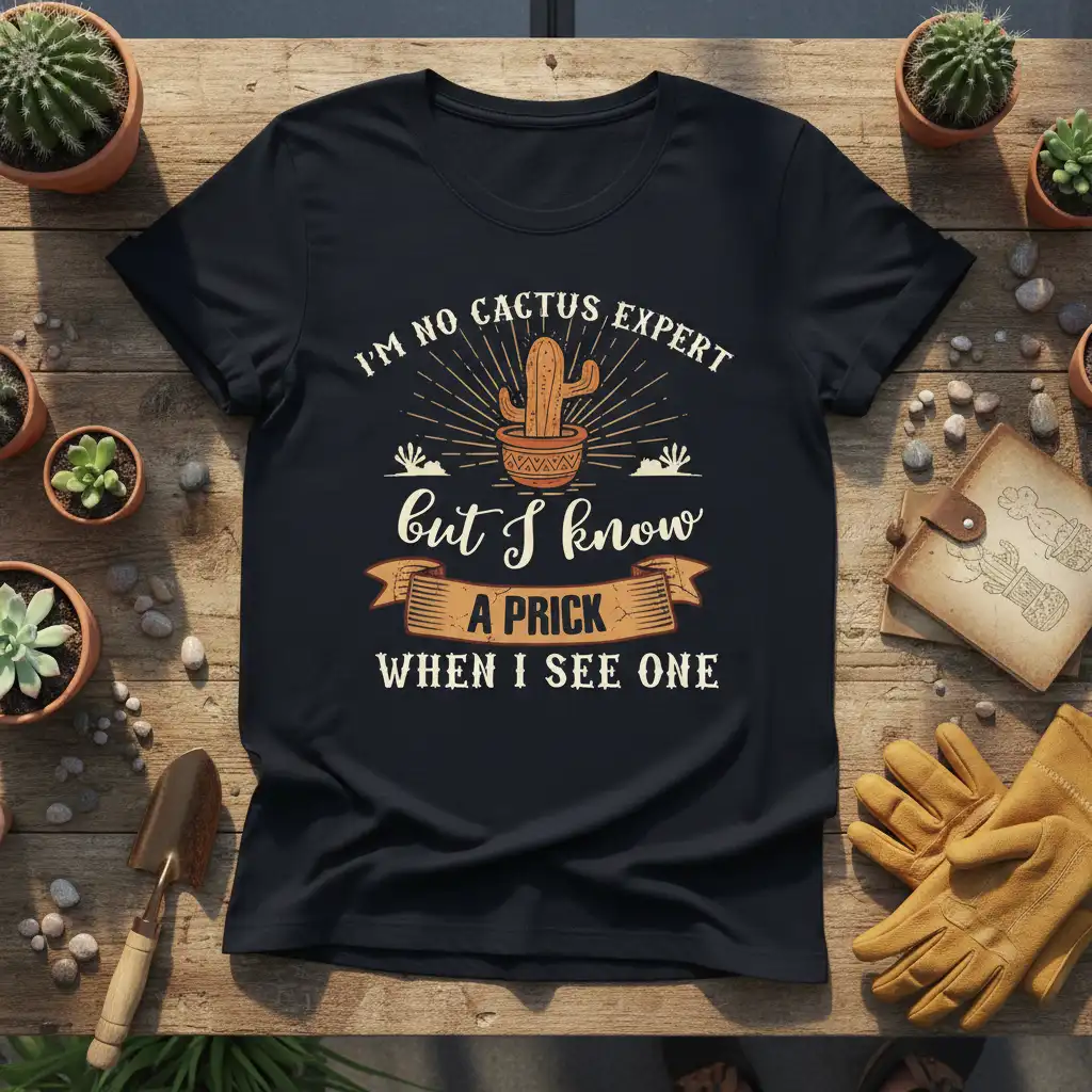 I'm No Cactus Expert But I Know A Prick When I See One funny cactus quote t-shirt design with retro sunburst