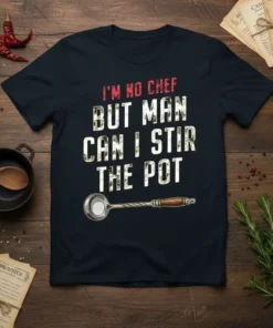 Funny "I'm No Chef But Man Can I Stir The Pot" quote on a navy t-shirt with a ladle graphic