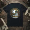 I'm Not 50 I'm 20 With 30 Years Experience quote on a black t-shirt, featuring a steampunk-inspired circular design with