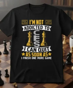 T-shirt with text "I'm Not Addicted To Chess I Can Quit As Soon As I Finish One More Game" and