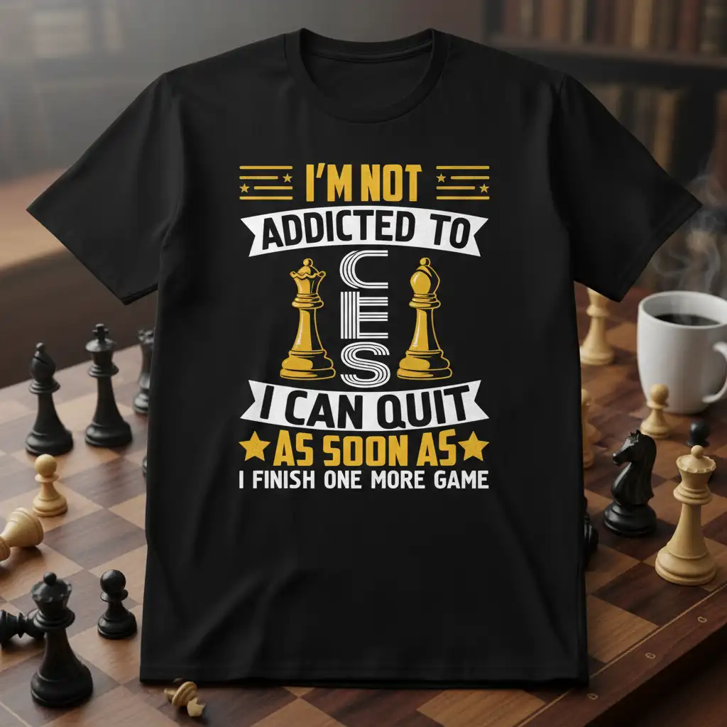 I'm Not Addicted To Chess I Can Quit As Soon As I Finish One More Game quote t-shirt with chess pieces