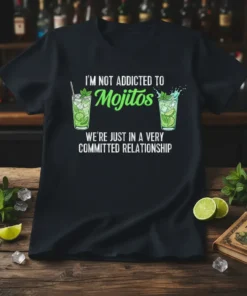 I'm Not Addicted To Mojitos We're Just In A Very Committed Relationship text with mojito drink graphics on a black