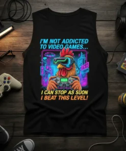 Chicken wearing VR headset playing video games with neon sign background, "I'm Not Addicted to Video Games... I Can Stop