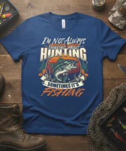 T-shirt design with text "I'm Not Always Thinking About Hunting Sometimes It's Fishing" and a large fish graphic