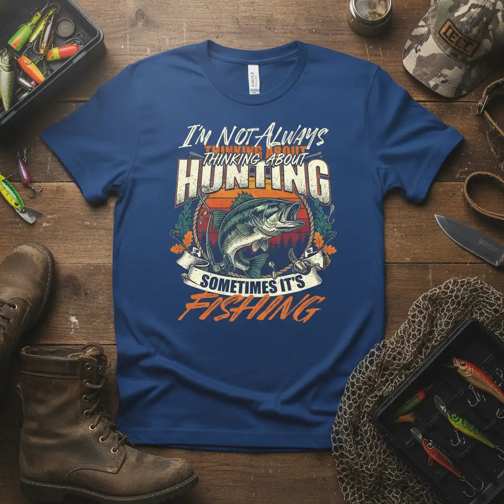 I'm Not Always Thinking About Hunting Sometimes It's Fishing quote with bass fish graphic on t-shirt
