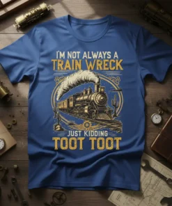 I'm Not Always a Train Wreck Just Kidding Toot Toot t-shirt with a vintage steam engine graphic and yellow text