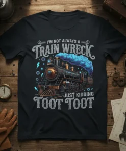 I'm Not Always a Train Wreck Just Kidding Toot Toot quote with vintage steam train graphic on a black t-shirt