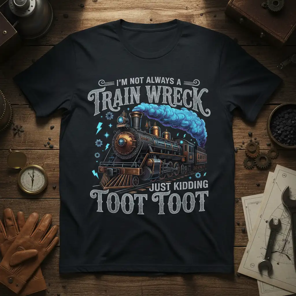 I'm Not Always a Train Wreck Just Kidding Toot Toot quote on t-shirt with vintage steam train graphic and lightning accents