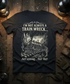I'm Not Always A Train Wreck quote with a vintage steam train graphic on a black t-shirt