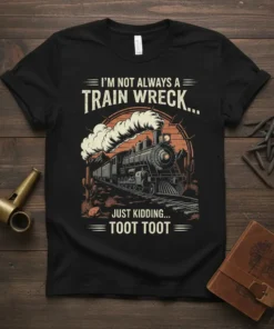 I'm Not Always A Train Wreck Just Kidding Toot Toot quote on a black t-shirt with a vintage steam train