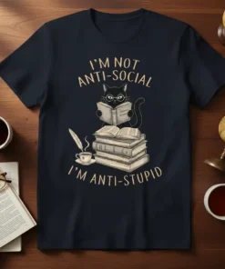 I'm Not Anti-Social I'm Anti-Stupid cat reading book t-shirt design