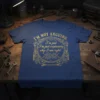 Blue t-shirt with gold text "I'm Not Arguing I'm Just Explaining Why I Am Right" and mechanic tool graphics