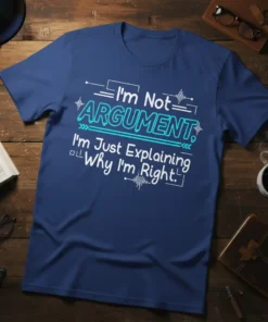 Blue t-shirt with the quote "I'm Not ARGUMENT, I'm Just Explaining Why I'm Right" in white and teal typography