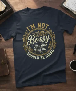 I'm Not Bossy I Just Know What You Should Be Doing quote t-shirt in gold and white typography within a