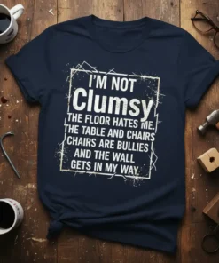 T-shirt with the quote "I'm Not Clumsy The Floor Hates Me" in white distressed typography