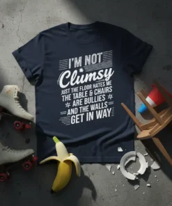 Navy blue t-shirt with white text: "I'm Not Clumsy Just The Floor Hates Me The Table & Chairs Are Bullies