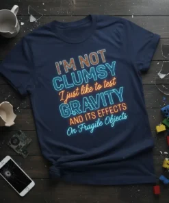 Navy t-shirt with "I'm Not Clumsy I Just Like To Test Gravity And Its Effects On Fragile Objects" quote in