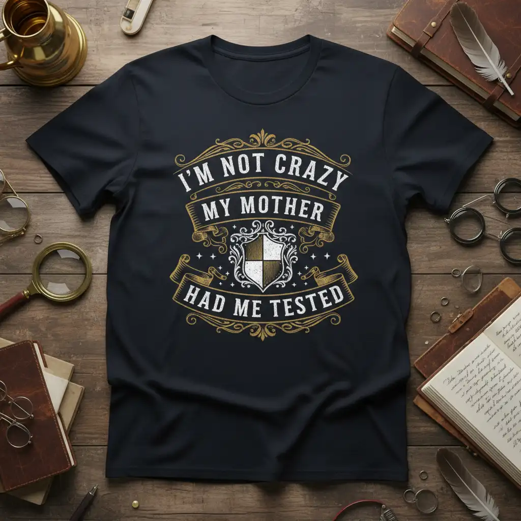 I'm Not Crazy My Mother Had Me Tested quote on t-shirt with ornate gold accents and shield graphic