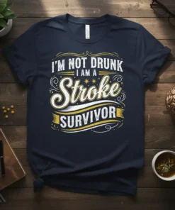 I'm Not Drunk I Am A Stroke Survivor text design on a navy blue t-shirt, featuring stylized typography and decorative