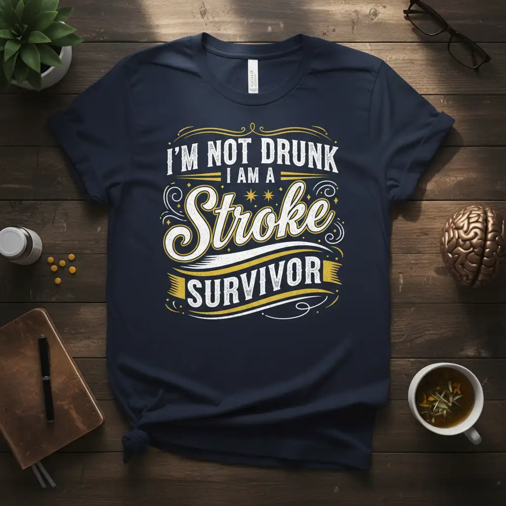 I'm Not Drunk I Am A Stroke Survivor quote on a t-shirt, featuring distressed vintage style typography and decorative flourishes